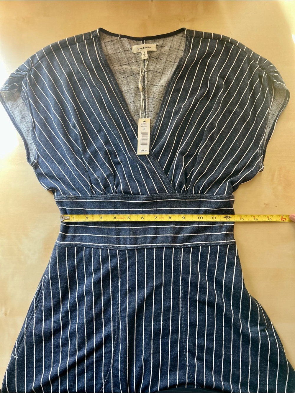 Navy and White Pinstripe A-line Midi Dress with Pockets Nautical Coastal Grandma - Picture 8 of 9
